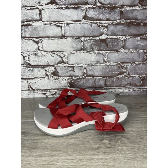 Clarks Cloud Steppers Red Fabric Strappy Wedge Comfort Sandals Women 8M US/39EU - Picture 11 of 16